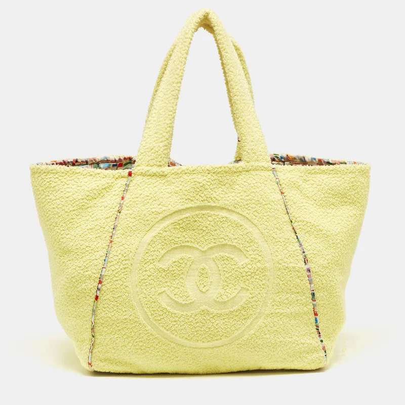 Chanel Yellow Terry Cloth Cc Beach Tote W/towel Set