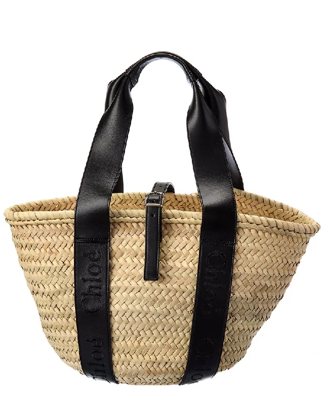 Chloé Sense Medium Raffia & Leather Basket Tote