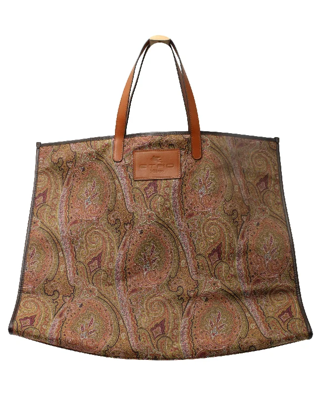 Etro Paisley Jacquard Shopping Bag in Brown Calfskin Leather