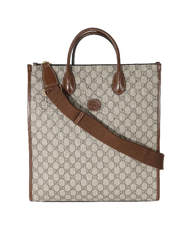 Gucci Beige GG Supreme Canvas Brown Leather Medium Interlocking G Tote