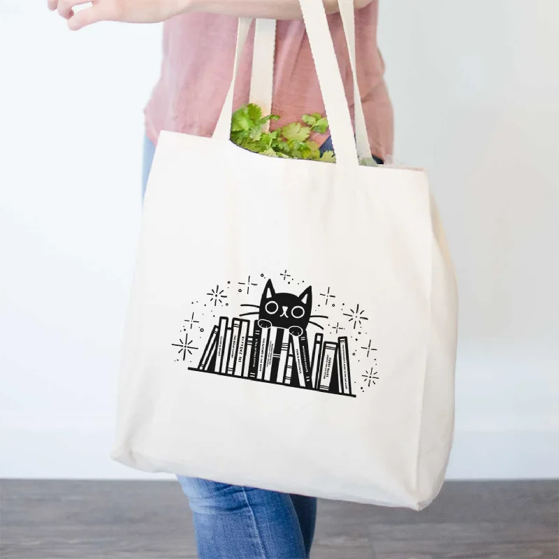 Kitty Library - Black Cat Behind Books- Tote Bag