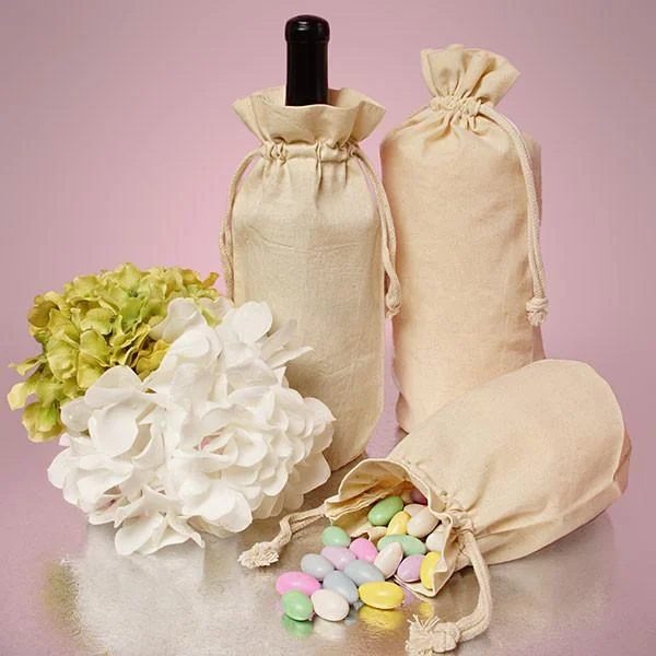 Single Bottle Natural Cotton Muslin Wine Bags with Drawstrings Closure - WB2653