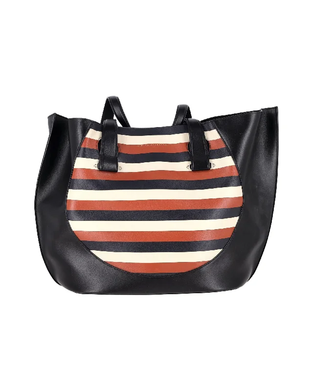 Victoria Beckham Tulip Small Striped Tote Bag in Black Leather