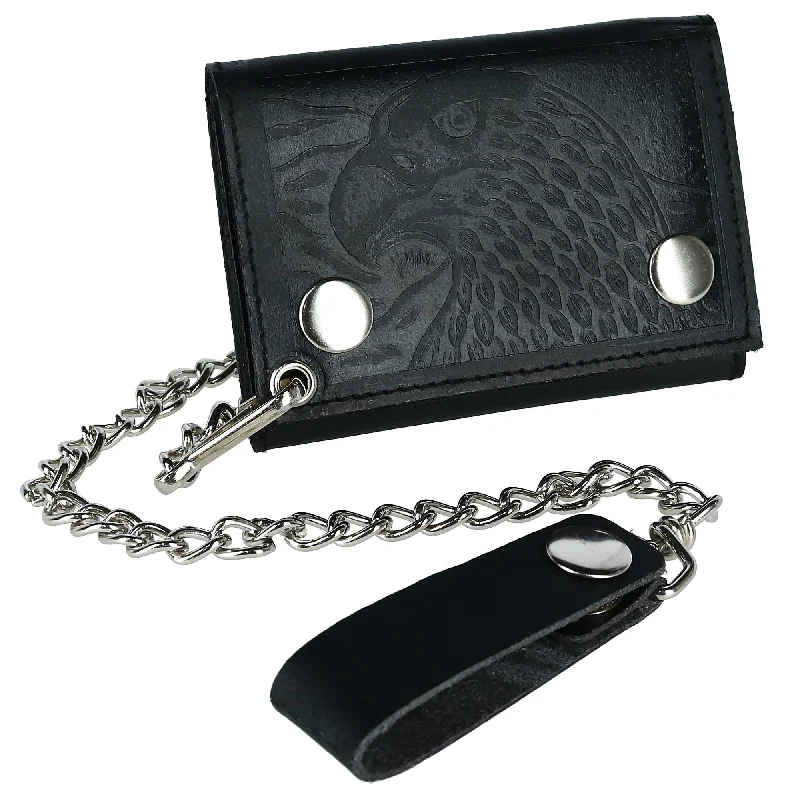 Men's Leather Eagle Imprint Trifold Chain Wallet